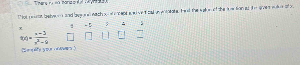 There is no horizontal asymptote. 
Plot points between and beyond each x-intercept and vertical asymptote. Find the value of the function at the given value of x.
x - 5 2 4 5
- 6
f(x)= (x-3)/x^2-9 
(Simplify your answers.)