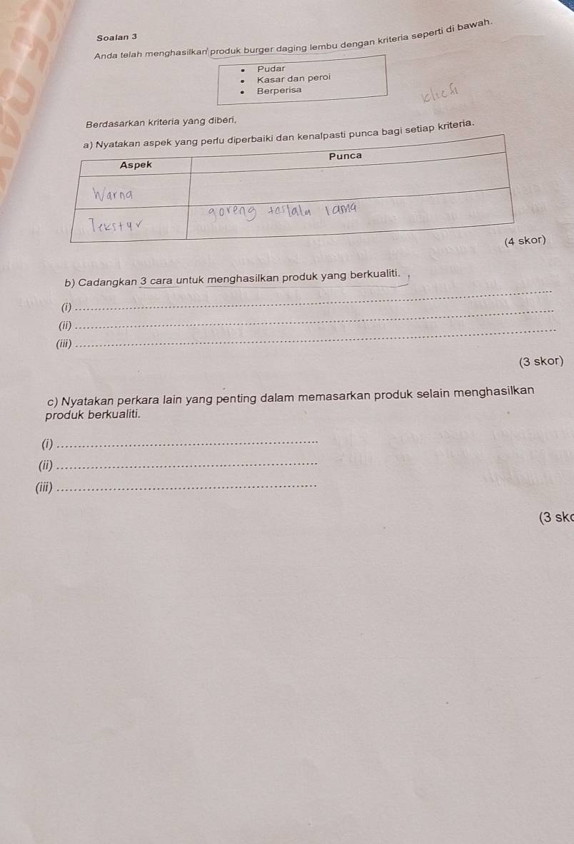 Soalan 3 
Anda telah menghasilkan produk burger daging lembu dengan kriteria seperti di bawah 
Pudar 
Kasar dan peroi 
Berperisa 
Berdasarkan kriteria yang diberi, 
an kenalpasti punca bagi setiap kriteria. 
b) Cadangkan 3 cara untuk menghasilkan produk yang berkualiti. 
(i)_ 
_ 
(ii)_ 
(iii) 
(3 skor) 
c) Nyatakan perkara lain yang penting dalam memasarkan produk selain menghasilkan 
produk berkualiti. 
(i) 
_ 
(ii) 
_ 
(iii)_ 
(3 sk