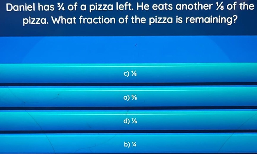 Daniel has ¾ of a pizza left. He eats another ½ of the
pizza. What fraction of the pizza is remaining?
c) ½
a) %
d) %
b) ¼