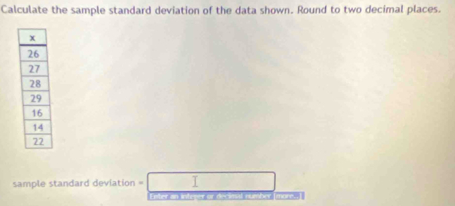 Calculate the sample standard deviation of the data shown. Round to two decimal places. 
sample standard deviation = ∴ △ ADC
Enter an in ter er or decimal number (more..]