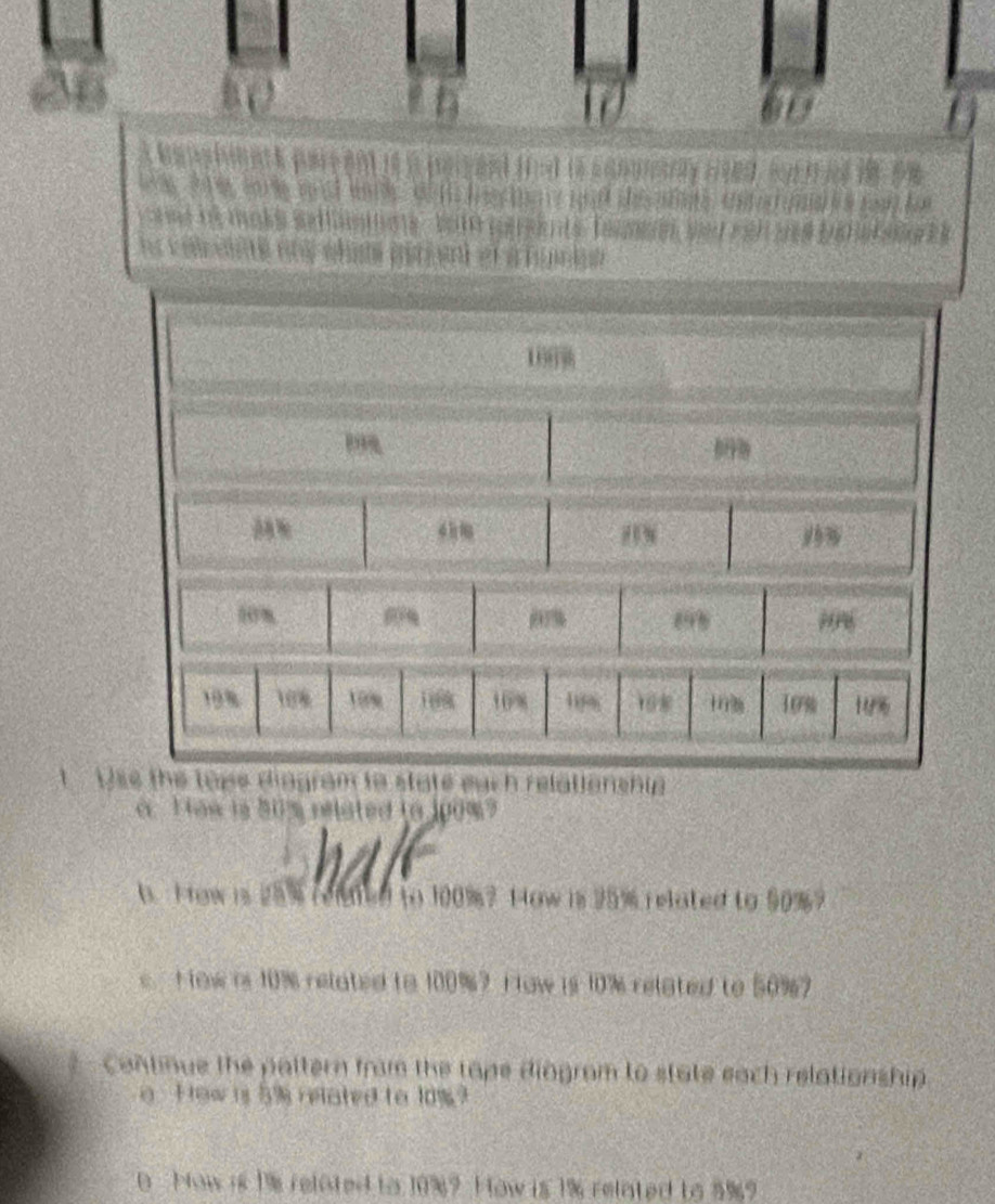 Tias is 30% pelated tn jug? 
b. Fow is 25% relded to 100%? How is 25% related to 50%? 
s. How is 10% related to 100%? I ow is 10% related to 50%? 
Continue the pattern from the tape diogram to state each relationship 
o How is 5% related to 10%? 
0 Now is 1% related to 10%? How is 1% related to 5% 9