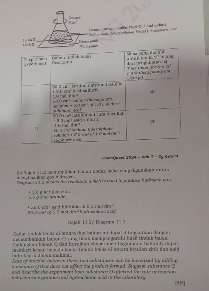 Goyang
Swirl
Larutan natrium tiosulfat, Na_2S_2O_3+ asıd sulfunk
Sodium thiosulphate solution, Nas S_2O_3+ sulphuric acid
Tanda X
Mark X Kertas putih
ChemQuest 2024 - Bab 7 - Cg Adura
(b) Rajah 11.2 menunjukkan bahan tindak balas yang digunakan untuk
menghasilkan gas hidrogen.
Diagram 11.2 shows the reactants which is used to produce hydrogen gas.
5.0 g ketulan zink
5.0 g zinc granule
50.0cm^3 asid hidroklorik 0.5 mol d m ³
50.0cm^3 of 0.5moldm^(-3) hydrochloric acid
Rajah 11 2/ Diagram 11.2
Kadar tindak balas di antara dua bahan ini dapat ditingkatkan dengan
menambahkan bahan Q yang tidak mempengaruhi hasil tindak balas.
Cadangkan bahan Q dan huraikan eksperimen bagaimana bahan Q dapat
memberi kesan kepada kadar tindak balas di antara ketulan zink dan asid
hidroklorik dalam makmal.
Rate of reaction between these two substances can be increased by adding
substance Q that does not affect the product formed. Suggest substance Q
and describe the experiment how substance Q affected the rate of reaction
between zinc granule and hydrochloric acid in the laboratory.
[8M]