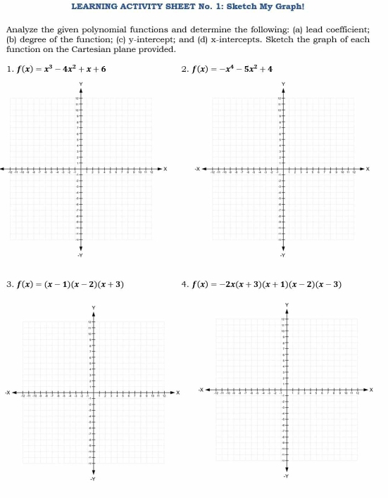 LEARNING ACTIVITY SHEET No. 1: Sketch My Graph! 
Analyze the given polynomial functions and determine the following: (a) lead coefficient; 
(b) degree of the function; (c) y-intercept; and (d) x-intercepts. Sketch the graph of each 
function on the Cartesian plane provided. 
1. f(x)=x^3-4x^2+x+6 2. f(x)=-x^4-5x^2+4
A 
3. f(x)=(x-1)(x-2)(x+3) 4. f(x)=-2x(x+3)(x+1)(x-2)(x-3)
-x