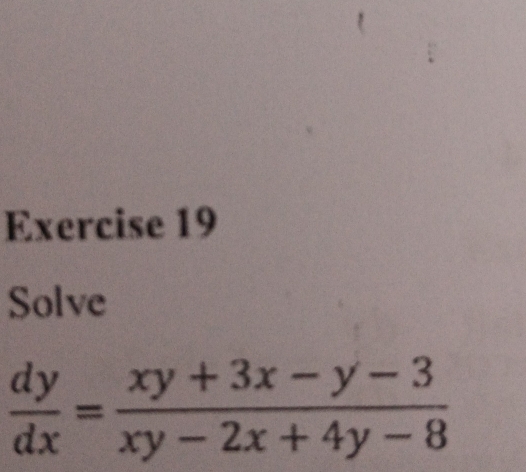 Solve
 dy/dx = (xy+3x-y-3)/xy-2x+4y-8 