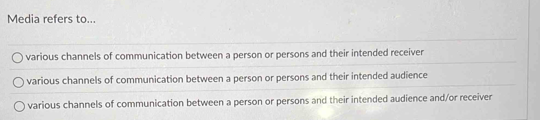 Media refers to...
various channels of communication between a person or persons and their intended receiver
various channels of communication between a person or persons and their intended audience
various channels of communication between a person or persons and their intended audience and/or receiver
