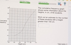 cumulative frequency graph 
ghts, in cm, af 60 students. ws some infornation about the 
rk out an estimate for the number 
ator than 155 cm. hese sludents with a height 
Haight (omộ) Total marku: 2