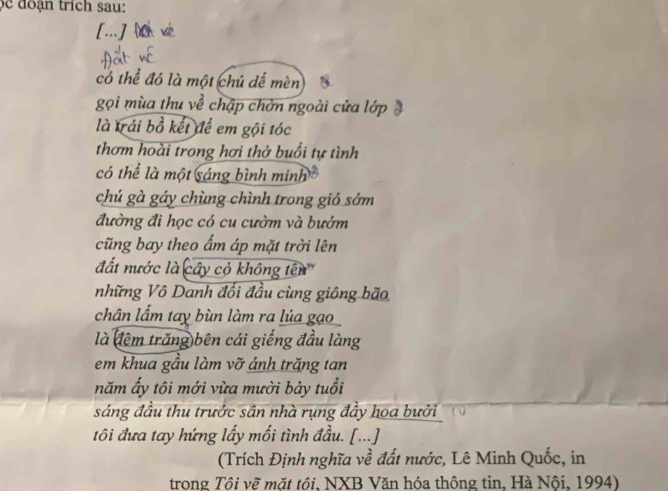 đoạn trich sau: 
[...]  
có thể đó là một chú dế mèn 
gọi mùa thu về chập chởn ngoài cửa lớp 
là trải bồ kết để em gội tóc 
thơm hoài trong hơi thở buổi tự tình 
có thể là một sáng bình minh 
chú gà gáy chùng chình trong gió sớm 
đường đi học có cu cườm và bướm 
cũng bay theo ẩm áp mặt trời lên 
đất nước là cây cỏ không tên 
những Vô Danh đối đầu cùng giông bão 
chân lẩm tay bùn làm ra lúa gạo 
là đêm trăng bên cái giếng đầu làng 
em khua gầu làm vỡ ánh trăng tan 
năm ấy tôi mới vừa mười bảy tuổi 
sáng đầu thu trước sân nhà rụng đây hoa bưởi 
tôi đưa tay hứng lấy mối tình đầu. [...] 
(Trích Định nghĩa về đất nước, Lê Minh Quốc, in 
trong Tôi vẽ mặt tôi, NXB Văn hóa thông tin, Hà Nội, 1994)
