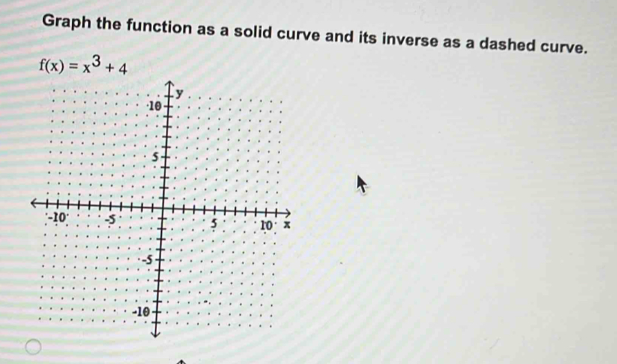 Graph the function as a solid curve and its inverse as a dashed curve.
f(x)=x^3+4