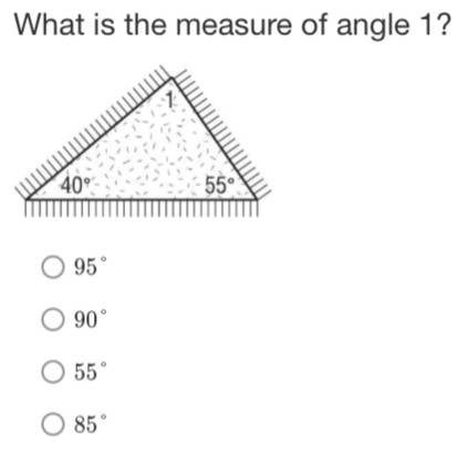 What is the measure of angle 1?
95°
90°
55°
85°