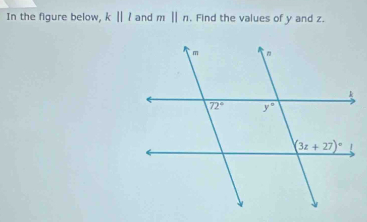 In the figure below, k||l and m||n. Find the values of y and z.