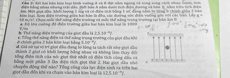 Xét hai bản kim loại hình vuông A và B đặt nằm ngang và song song cách nhau 5mm, tích 
điện bằng nhau nhưng trái dấu. Biết bản A nằm dưới tích điện dương và bản B, nằm trên tích điện 
âm. Một giọt dầu khối lượng 1 mg và có điện tích bằng 1 nC đang nằm lơ lửng ở chính giữa 2 bản 
kim loại. Xem điện trường giữa hai bản là đều, các đường sức điện vuống góc với các bản. Lấy g=
10m/s^2 C. Chọn mốc thế năng điện trường và mốc thế năng trọng trường tại bản âm B 
a. Độ lớn cường độ điện trường giữa hai bản kim loại là 1000
V/m
b. Thế năng điện trường của giọt dầu là 2, 5.10^(-8)J. 
c. Tống thế năng điện và thế năng trọng trường của giọt dầu khi 
ở chính giữa 2 bản kim loại bằng 5.10^(-8)J. 
d. Giả sử tại vị trí giọt dầu đang lơ lửng ta tách rất nhẹ giọt dầu 
thành 2 giọt có khối lượng bằng nhau và không làm thay đổi 
tống điện tích của nó: giọt thứ nhất có điện tích cùng dấu và 
bằng một phần 3 lần điện tích giọt thứ 2. Hai giọt dầu nhỏ 
chuyến động thế nào? Tổng công của lực điện sinh ra trên hai 
giọt dầu đến khi va chạm vào bản kim loại là 12, 5.10^(-9)J.