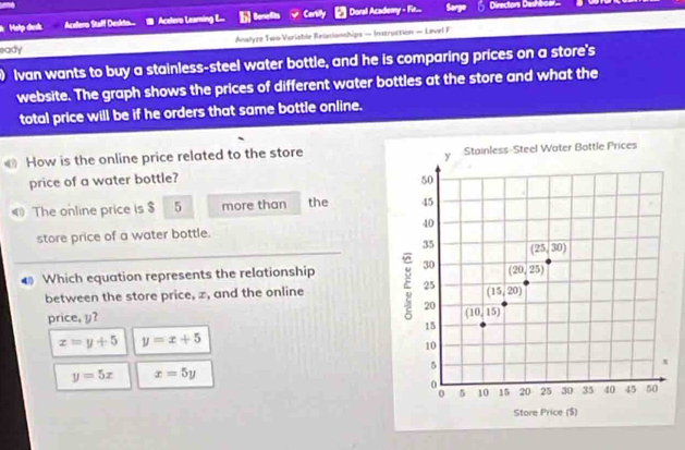 Help desk Aceleno Staff Deskto. Aceero Learning E... [] Bere6s Certilly 2 Ooral Academy - Fir__. Directors Dashboar..
Analyze Two-Variable Beiationships — Instruttion — Level F
eady
Ivan wants to buy a stainless-steel water bottle, and he is comparing prices on a store's
website. The graph shows the prices of different water bottles at the store and what the
total price will be if he orders that same bottle online.
How is the online price related to the store
price of a water bottle? 
The online price is $ 5 more than the 
store price of a water bottle. 
4 Which equation represents the relationship 
between the store price, x, and the online
price, y?
x=y+5 y=x+5
y=5x x=5y