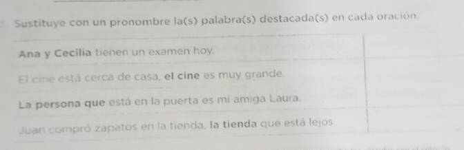 Sustituye con un pronombre la(s) palabra(s) destacada(s) en cada oración.