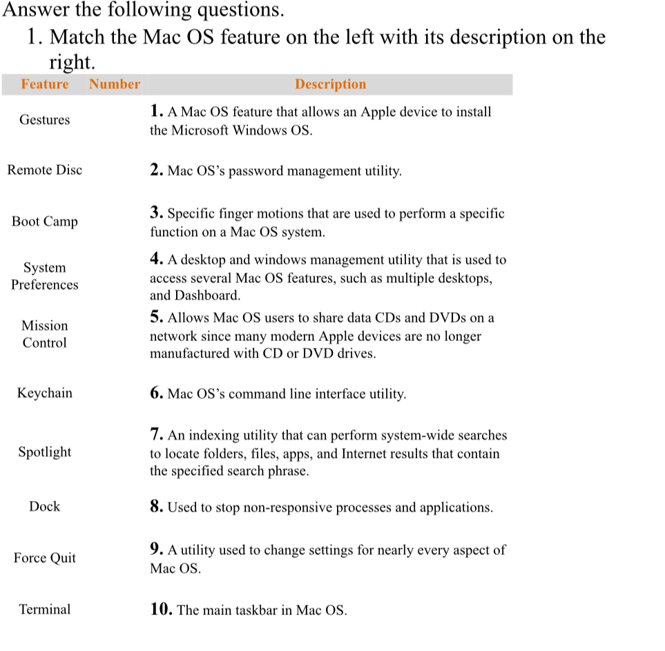 Answer the following questions. 
1. Match the Mac OS feature on the left with its description on the 
right. 
Feature Number Description 
Gestures 
1. A Mac OS feature that allows an Apple device to install 
the Microsoft Windows OS. 
Remote Disc 2. Mac OS’s password management utility. 
3. Specific finger motions that are used to perform a specific 
Boot Camp 
function on a Mac OS system. 
System 
4. A desktop and windows management utility that is used to 
Preferences access several Mac OS features, such as multiple desktops, 
and Dashboard. 
5. Allows Mac OS users to share data CDs and DVDs on a 
Mission 
Control network since many modern Apple devices are no longer 
manufactured with CD or DVD drives. 
Keychain 6. Mac OS’s command line interface utility. 
7. An indexing utility that can perform system-wide searches 
Spotlight to locate folders, files, apps, and Internet results that contain 
the specified search phrase. 
Dock 8. Used to stop non-responsive processes and applications. 
Force Quit 
9. A utility used to change settings for nearly every aspect of 
Mac OS. 
Terminal 10. The main taskbar in Mac OS.