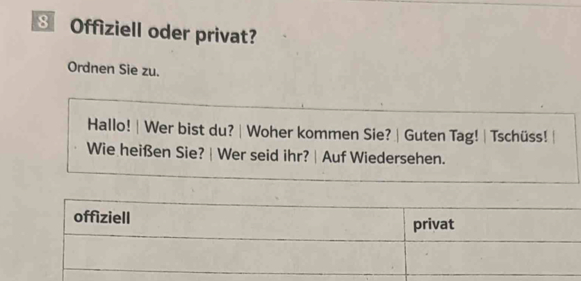 Offiziell oder privat? 
Ordnen Sie zu. 
Hallo! | Wer bist du? | Woher kommen Sie? | Guten Tag! | Tschüss! 
Wie heißen Sie? | Wer seid ihr? | Auf Wiedersehen.