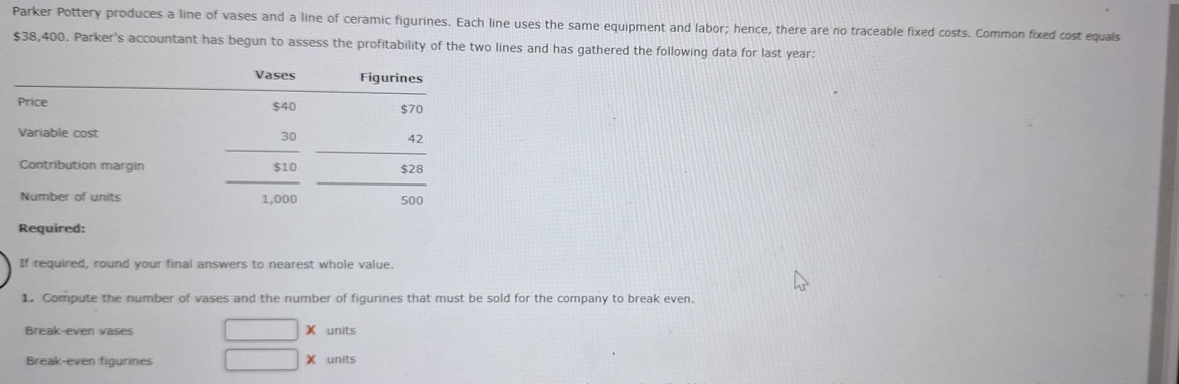 Parker Pottery produces a line of vases and a line of ceramic figurines. Each line uses the same equipment and labor; hence, there are no traceable fixed costs. Common fixed cost equals
$38,400. Parker's accountant has begun to assess the profitability of the two lines and has gathered the following data for last year:
If required, round your final answers to nearest whole value.
1. Compute the number of vases and the number of figurines that must be sold for the company to break even.
□ *
Break-even vases units
Break-even figurines □ X units