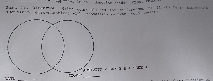 Te puppeteer in an Indonesian shadow puppet theater. 
Part II. Direction: Write commonalities and differences of Iloilo Panay Bukidnon's 
sugidanon (epic-chanting) with Indonesia's sulukan (vocal music) 
2 DAY 3 & 4 WEEK 1 
DATE :_ SCORE _ 
classification of