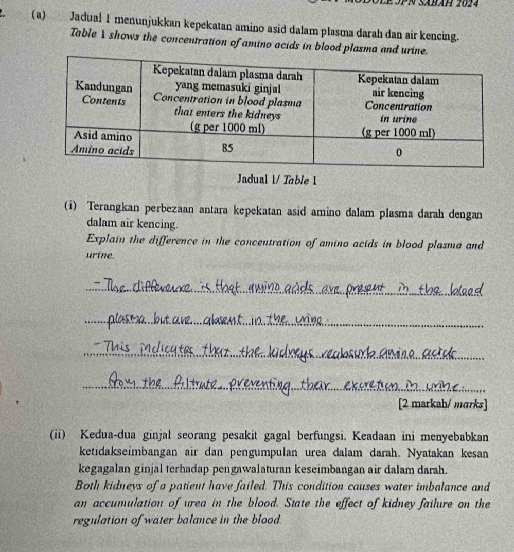 PN SABAH 2024 
(a) Jadual 1 menunjukkan kepekatan amino asid dalam plasma darah dan air kencing. 
Table X shows the concentration of amino acids in blood plasma and urine 
Jadual 1/ Table 1 
(i) Terangkan perbezaan antara kepekatan asid amino dalam plasma darah dengan 
dalam air kencing. 
Explain the difference in the concentration of amino acids in blood plasma and 
urine. 
_ 
_ 
_ 
_ 
[2 markah/ marks] 
(ii) Kedua-dua ginjal seorang pesakit gagal berfungsi. Keadaan ini menyebabkan 
ketidakseimbangan air dan pengumpulan urea dalam darah. Nyatakan kesan 
kegagalan ginjal terhadap pengawalaturan keseimbangan air dalam darah. 
Both kidneys of a patient have failed. This condition causes water imbalance and 
an accumulation of urea in the blood. State the effect of kidney failure on the 
regulation of water balance in the blood.
