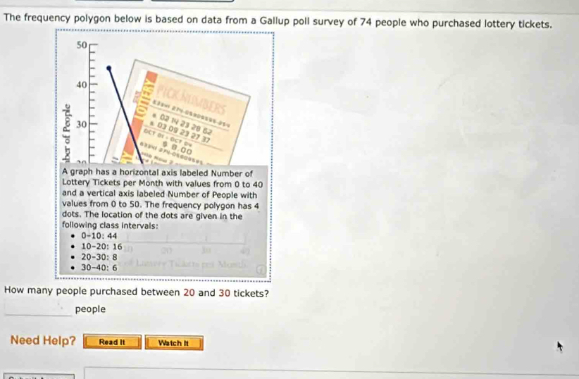 The frequency polygon below is based on data from a Gallup poll survey of 74 people who purchased lottery tickets.
50
40
PICK ÄUMBERS
30
02 14 23 28 62
03 09 23 27 37
B1 ÷ BCF D4 B. □□
A graph has a horizontal axis labeled Number of
Lottery Tickets per Month with values from 0 to 40
and a vertical axis labeled Number of People with
values from 0 to 50. The frequency polygon has 4
dots. The location of the dots are given in the
following class intervals:
0-10:44
10-20:16
20-30:8
30-40:6
How many people purchased between 20 and 30 tickets?
_people
Need Help? Read It Watch It