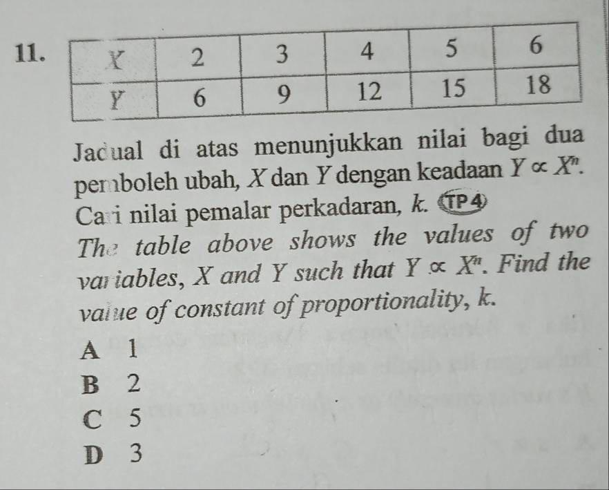 Jacual di atas menunjukkan nilai bagi dua
pemboleh ubah, X dan Y dengan keadaan Y∝ X^n. 
Cari nilai pemalar perkadaran, k. IP4
The table above shows the values of two
variables, X and Y such that Y∝ X^n. Find the
value of constant of proportionality, k.
A l
B 2
C 5
D 3