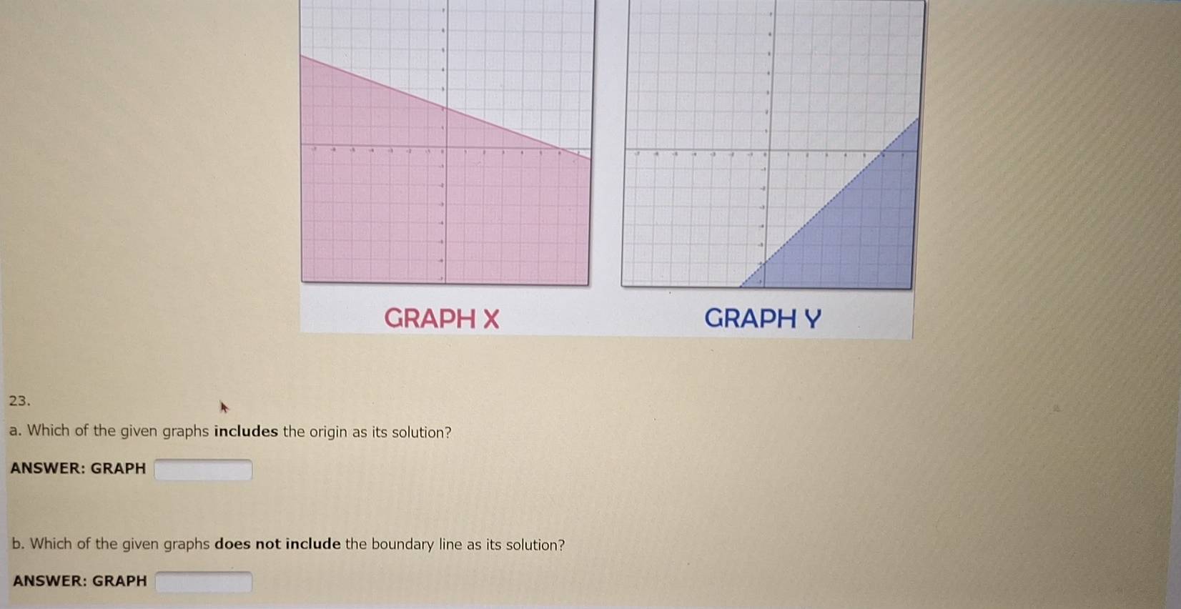 Which of the given graphs includes the origin as its solution? 
ANSWER: GRAPH 
b. Which of the given graphs does not include the boundary line as its solution? 
ANSWER: GRAPH