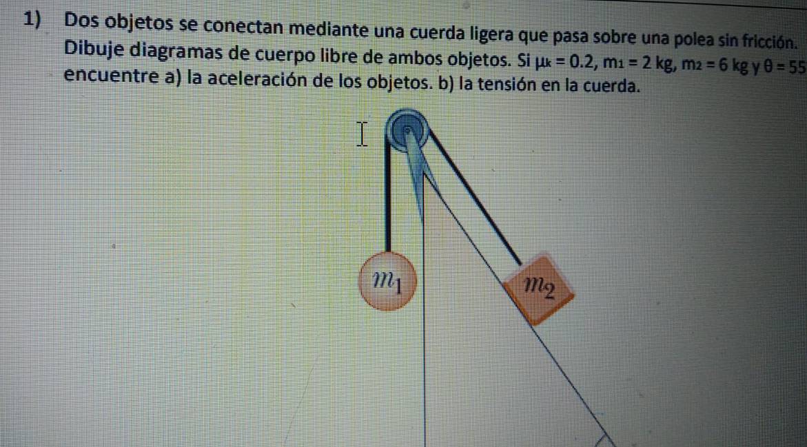 Dos objetos se conectan mediante una cuerda ligera que pasa sobre una polea sin fricción. 
Dibuje diagramas de cuerpo libre de ambos objetos. Si mu _k=0.2, m_1=2kg, m_2=6kg V θ =55
encuentre a) la aceleración de los objetos. b) la tensión en la cuerda.