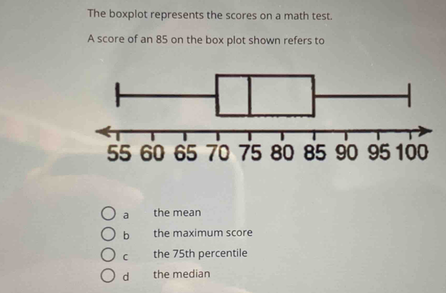 The boxplot represents the scores on a math test.
A score of an 85 on the box plot shown refers to
a the mean
b the maximum score
C the 75th percentile
d the median