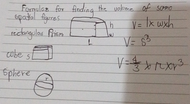 Formulas for finding the volome of some 
spatial figures 
h v=lxwxh
rectangolao Prism 
W 
L V=s^3
cube s V= 4/3 * π * r^3
Sphere r