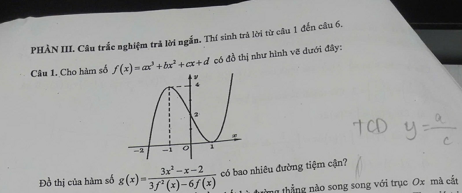 PHÀN III. Câu trắc nghiệm trả lời ngắn. Thí sinh trả lời từ câu 1 đến câu 6.
Câu 1. Cho hàm số f(x)=ax^3+bx^2+cx+d có dhat O thị như hình vẽ dưới đây:
Đồ thị của hàm số g(x)= (3x^2-x-2)/3f^2(x)-6f(x)  có bao nhiêu đường tiệm cận?
h thắng nào song song với trục Ox mà cắt