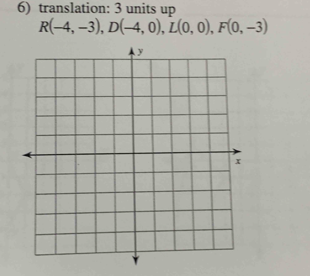 translation: 3 units up
R(-4,-3), D(-4,0), L(0,0), F(0,-3)