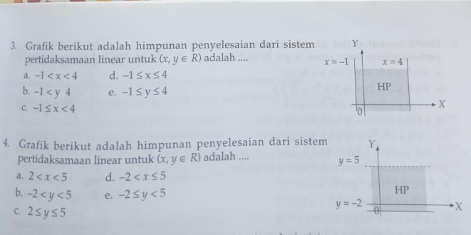 Grafik berikut adalah himpunan penyelesaian dari sistem
pertidaksamaan linear untuk (x,y∈ R) adalah ....
a. -1 d. -1≤ x≤ 4
b. -1 e. -1≤ y≤ 4
C. -1≤ x<4</tex>
4. Grafik berikut adalah himpunan penyelesaian dari siste
pertidaksamaan linear untuk (x,y∈ R) adalah ....
a. 2 d. -2
b. -2 e. -2≤ y<5</tex>
C. 2≤ y≤ 5