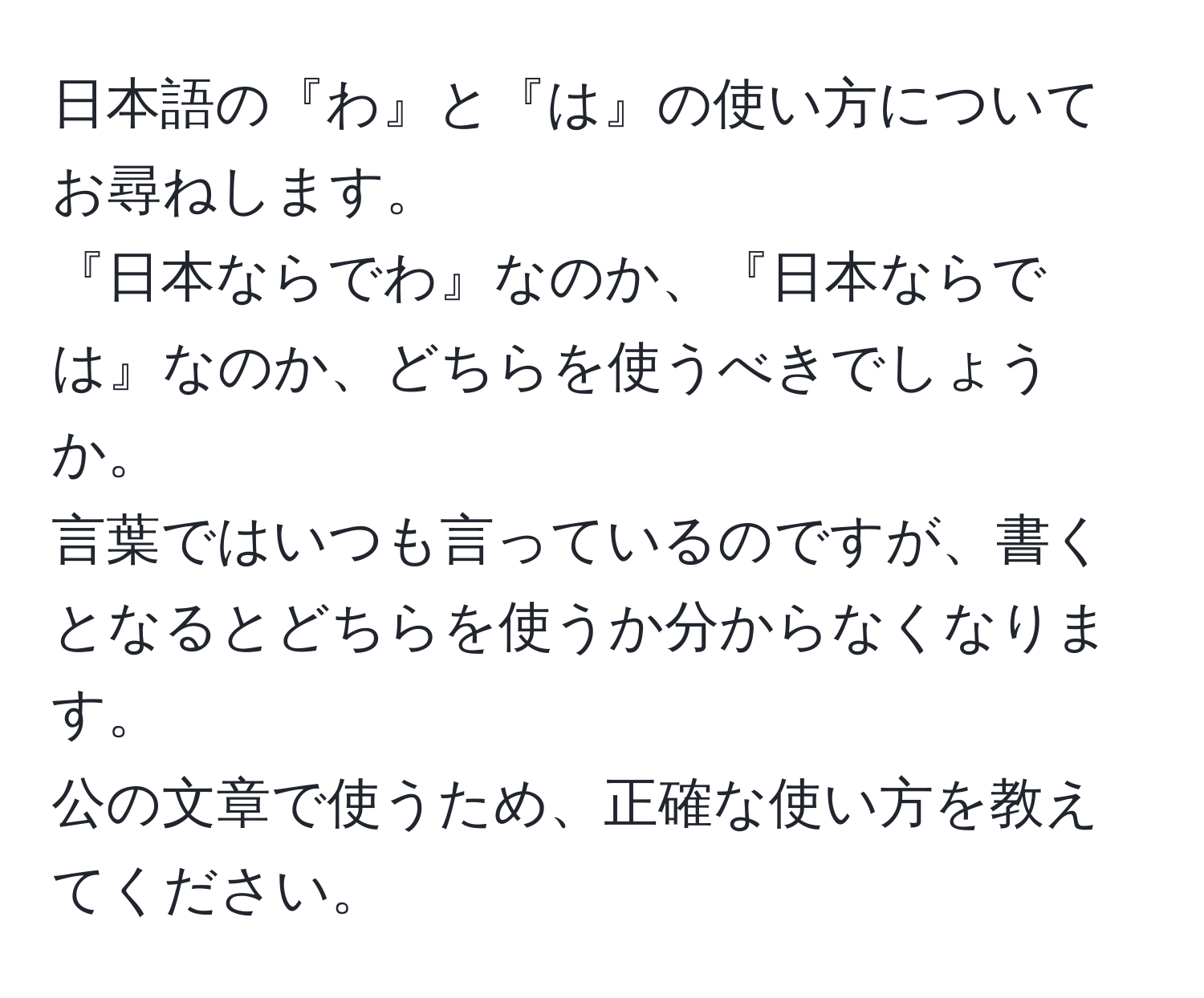 日本語の『わ』と『は』の使い方についてお尋ねします。  
『日本ならでわ』なのか、『日本ならでは』なのか、どちらを使うべきでしょうか。  
言葉ではいつも言っているのですが、書くとなるとどちらを使うか分からなくなります。  
公の文章で使うため、正確な使い方を教えてください。