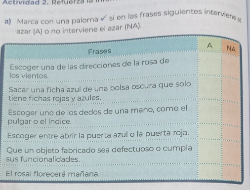 Actividad 2. Refuerza là
a) Marca con una paloma√ si en las frases siguientes interviene 
el azar (NA).
Q
s
E