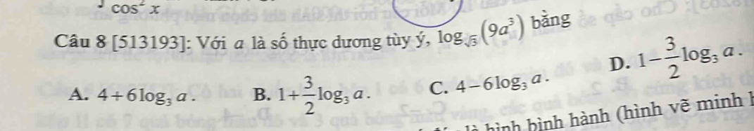 ^1cos^2x
Cau8[513193] : Với a là số thực dương tùy ý, log _sqrt(3)(9a^3) bǎng
D. 1- 3/2 log _3a.
A. 4+6log _3a. B. 1+ 3/2 log _3a. C. 4-6log _3a. 
hình hình hành (hình vẽ minh1