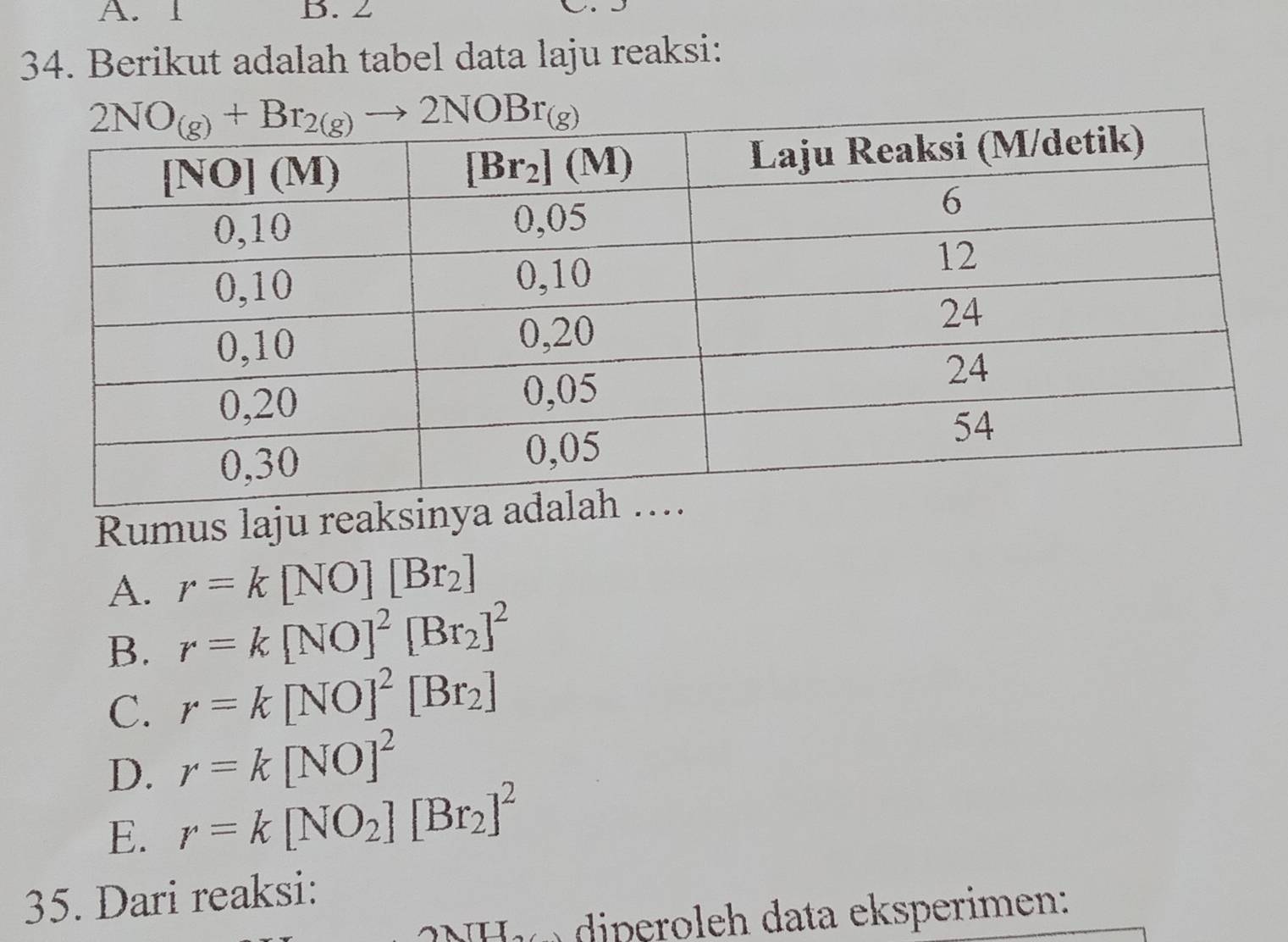 Berikut adalah tabel data laju reaksi:
Rumus laju rea
A. r=k[NO][Br_2]
B. r=k[NO]^2[Br_2]^2
C. r=k[NO]^2[Br_2]
D. r=k[NO]^2
E. r=k[NO_2][Br_2]^2
35. Dari reaksi:
ATHI o   diperoleh data eksperimen: