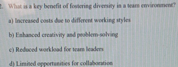 What is a key benefit of fostering diversity in a team environment?
a) Increased costs due to different working styles
b) Enhanced creativity and problem-solving
c) Reduced workload for team leaders
d) Limited opportunities for collaboration