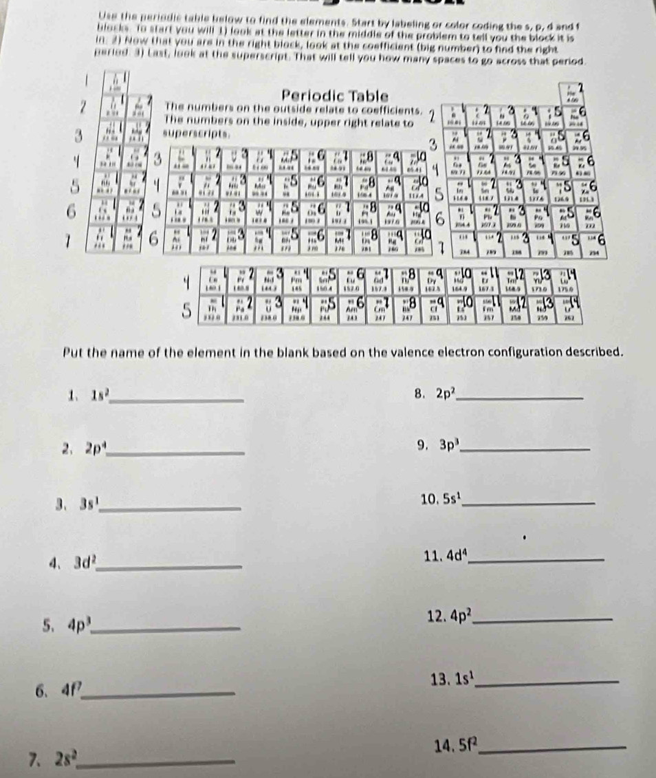 Use the perindic table below to find the elements. Start by labeling or color coding the s, p, d and f
blocks. To start you will 1) look at the letter in the middle of the problem to tell you the block it is
in: 2) Now that you are in the right block, look at the coefficient (big number) to find the right
peried. 3) Last, look at the superscript. That will tell you how many spaces to go across that period.
Periodic Table
  
The numbers on the outside relate to coefficients. . 7 a : 5
The numbers on the inside, upper right relate to 7 100 1 4 06 16 0
3 superscripts.
, " z8
.
8.9 4 m 5 4  
a C a  a  la :. 25 . 6
t  
← 89.71   
“ 6 41   
M  D 6 q  - 2 a 21 5
  
*  “ . 101 1 1064  1174 5 11.6.0 w 1076 176.9  
.     .  5   a -8 - 2 - 3
6     5  15 191 3 191 1970 6 3/4.4 )07 3 Ple 109 0 710 m
Po
     
B s
… '''5 1 3
.  . . 6 n í  t j n 176 in t 16G 1 784 18 288 734
.  '
.  10
8
a
n Dy r n
140.9 144 3 145 150.4 157.0 157.4 15e 9 07 5 164.9 167.3 16/9 173.0 175.0
" " ' I 8 ===  
Cl
5     1310 238 0 1 30 6 244 247 747 751 151 f m Mã 250 759 151
757
Put the name of the element in the blank based on the valence electron configuration described.
1. 1s^2 _ 8. 2p^2 _
2、 2p^4 _ 9. 3p^3 _
3、 3s^1 _
10. 5s^1 _
4、 3d^2 _
11. 4d^4 _
5、 4p^3 _
12. 4p^2 _
13.
6、 4P_ 1s^1 _
14. 5f^2 _
7. 2s^2 _