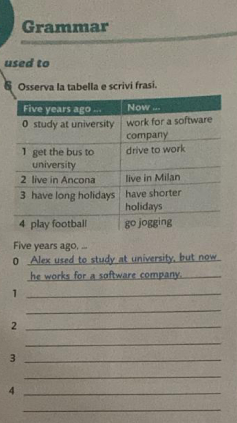 Grammar 
used to 
6 Osserva la tabella e scrivi frasi.
Five years ago, ... 
0 Alex used to study at university, but now 
he works for a software company. 
_ 
_1 
_ 
_2 
_ 
_3 
_ 
_4 
_