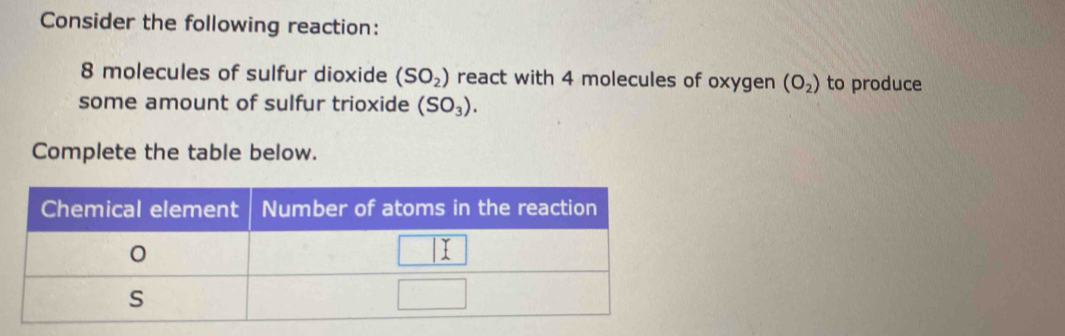 Consider the following reaction:
8 molecules of sulfur dioxide (SO_2) react with 4 molecules of oxygen (O_2) to produce 
some amount of sulfur trioxide (SO_3). 
Complete the table below.