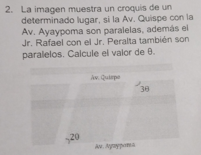 La imagen muestra un croquis de un 
determinado lugar, si la Av. Quispe con la 
Av. Ayaypoma son paralelas, además el 
Jr. Rafael con el Jr. Peralta también son 
paralelos. Calcule el valor de θ. 
Av. Quispe
3θ
20
Av, Ayaypana