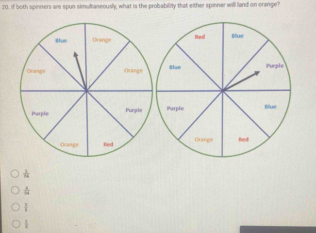 If both spinners are spun simultaneously, what is the probability that either spinner will land on orange?

 5/64 
 4/64 
 3/8 
 5/8 