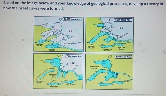 Based on the image below and your knowledge of geological processes, develop a theory of 
how the Great Lakes were formed.