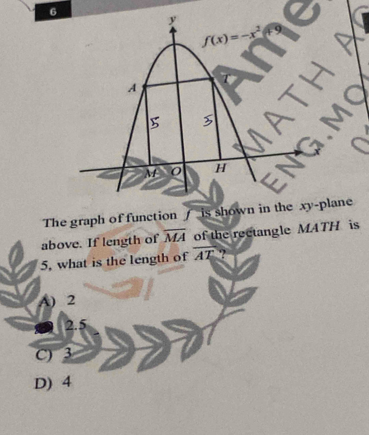 The graph of function  is shown in the xy-plane
above. If length of overline MA of the rectangle MATH is
5, what is the length of overline AT ?
A) 2
2.5
C) 3
D) 4