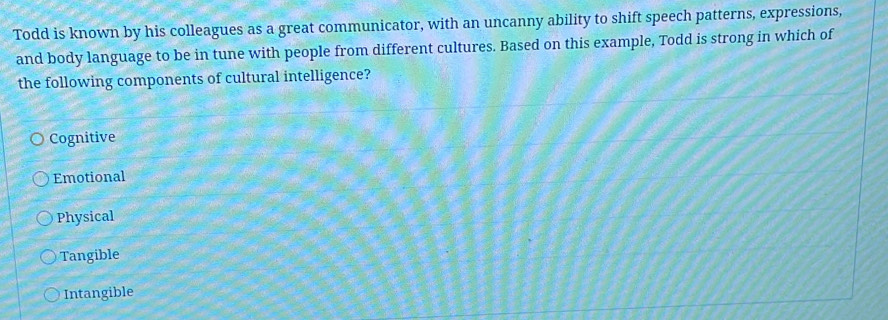 Solved: Todd is known by his colleagues as a great communicator, with ...