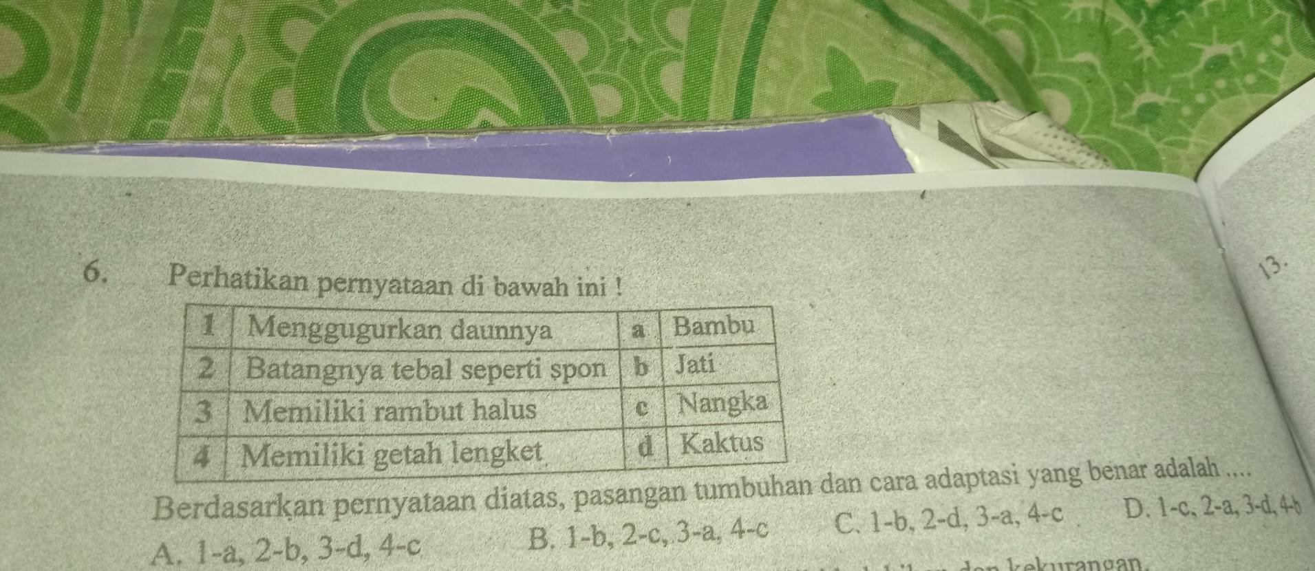 Perhatikan pernyataan di bawah ini !
Berdasarkan pernyataan diatas, pasangan tuan cara adaptasi yang benar adalah ....
A. 1 -a, 2 -b, 3 -d, 4 -c B. 1 -b, 2 -c, 3 -a, 4 -c C. 1-b, 2 -d, 3 -a, 4 -c D. 1 -c, 2 -a, 3 -d, 4 -b
n kekurangan.