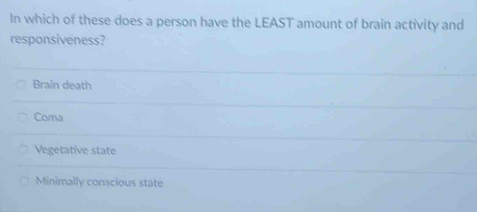 In which of these does a person have the LEAST amount of brain activity and
responsiveness?
Brain death
Coma
Vegetative state
Minimally conscious state