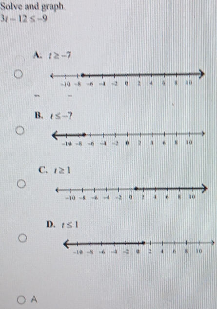 Solve and graph.
3t-12≤ -9
A. t≥ -7
B. t≤ -7
C.
D.
A