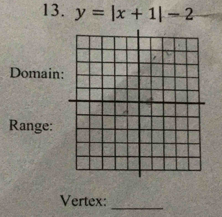 y=|x+1|-2
Domain: 
Range: 
_ 
Vertex: