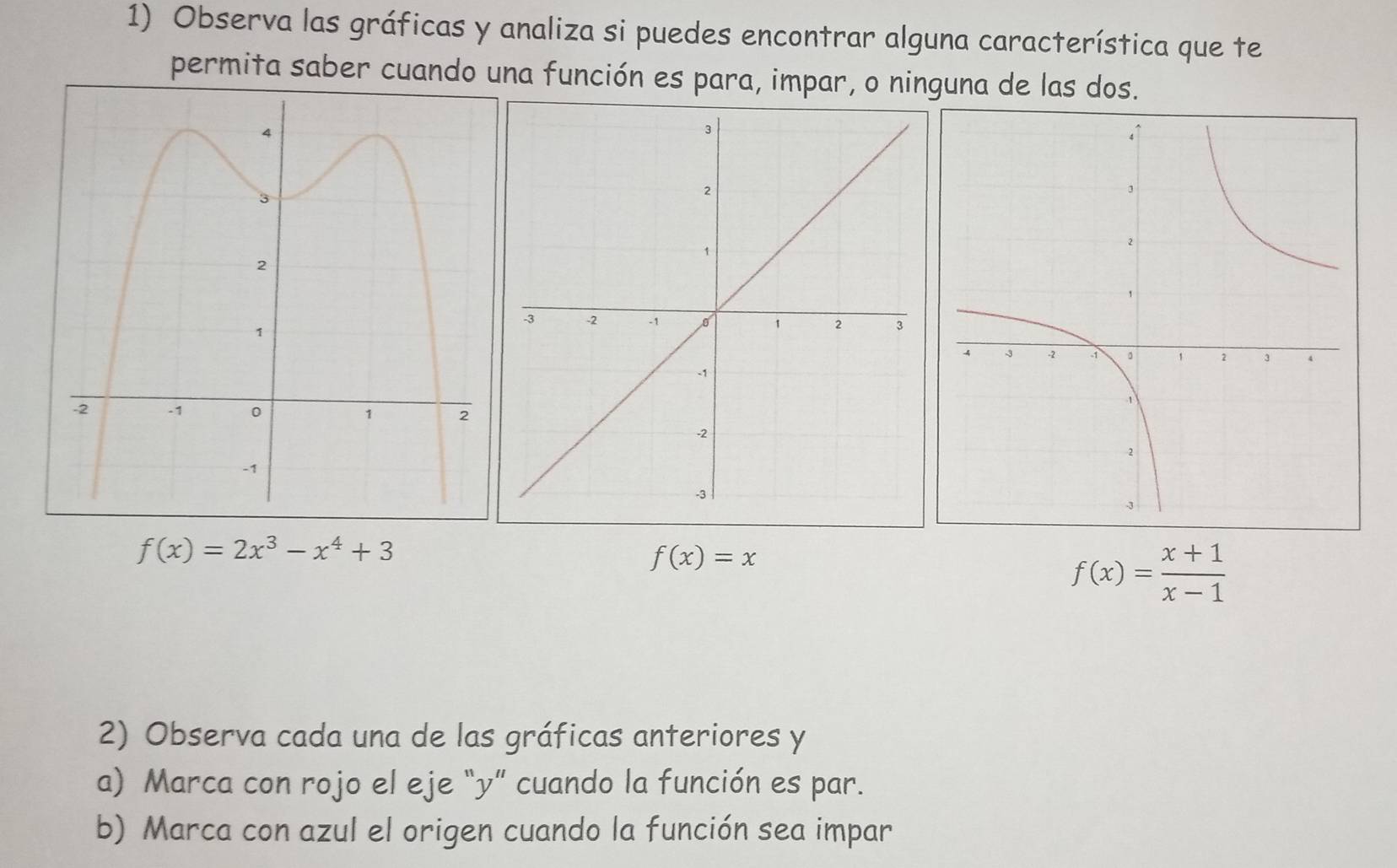 Observa las gráficas y analiza si puedes encontrar alguna característica que te
permita saber cuando una función es para, impar, o ninguna de las dos.
f(x)=2x^3-x^4+3
f(x)=x
f(x)= (x+1)/x-1 
2) Observa cada una de las gráficas anteriores y
a) Marca con rojo el eje “ y ” cuando la función es par.
b) Marca con azul el origen cuando la función sea impar