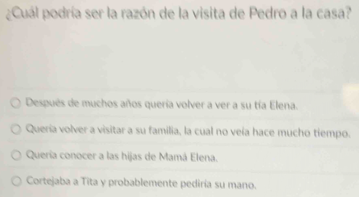 ¿Cuál podría ser la razón de la visita de Pedro a la casa?
Después de muchos años quería volver a ver a su tía Elena.
Quería volver a visitar a su familia, la cual no veía hace mucho tiempo.
Quería conocer a las hijas de Mamá Elena.
Cortejaba a Tita y probablemente pediría su mano.